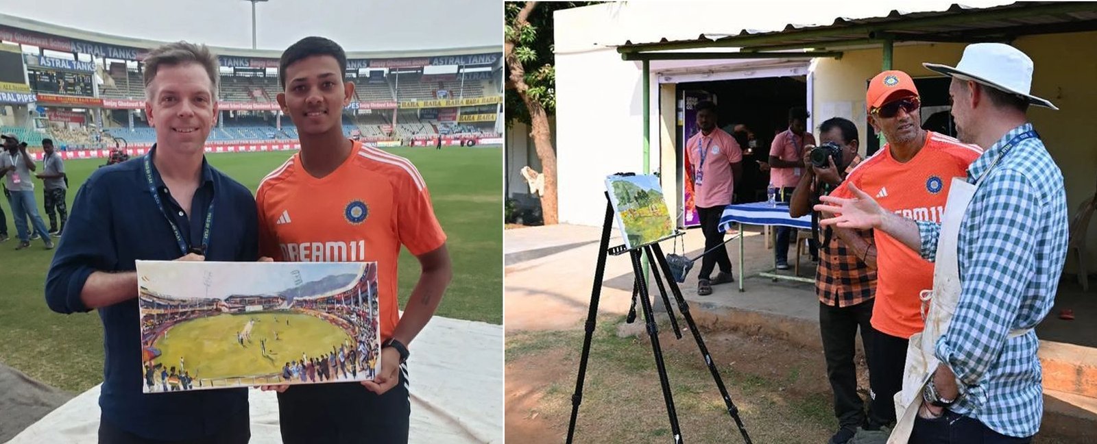 ચાલુ મેચમાં ચિત્ર બનાવતો ઇંગ્લેન્ડનો ચાહક: રાજકોટ નિરંજન શાહ સ્ટેડિયમનું બનાવ્યું ચિત્ર