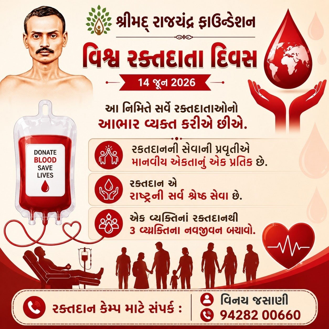 આવતીકાલે 14 જૂન, વિશ્વ રક્તદાતા દિવસ : રાજચંદ્ર ફાઉન્ડેશન દ્વારા બ્લડ કેમ્પોની સેવા